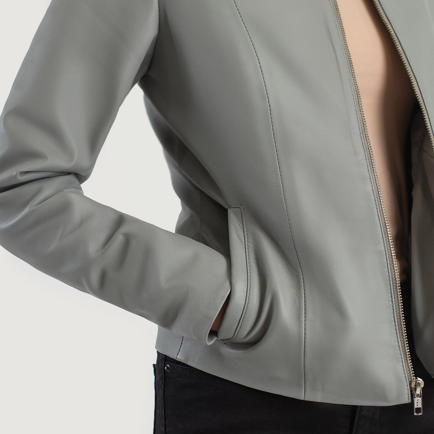 Elixir Grey Collarless Leather Jacket