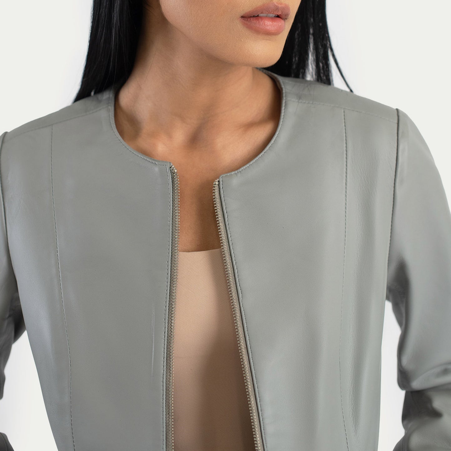 Elixir Grey Collarless Leather Jacket