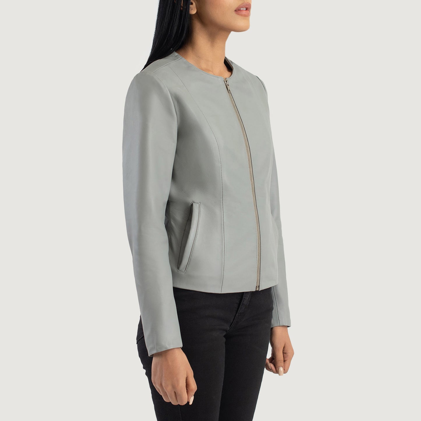 Elixir Grey Collarless Leather Jacket