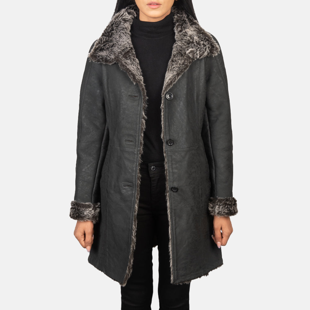 Erica Shearling Black Leather Coat