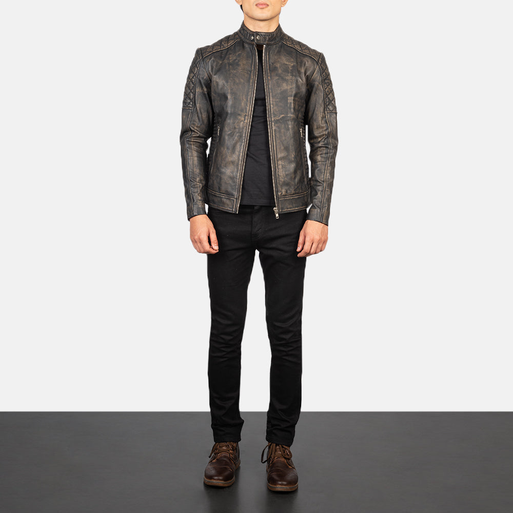 Fernando Quilted Distressed Brown Leather Biker Jacket