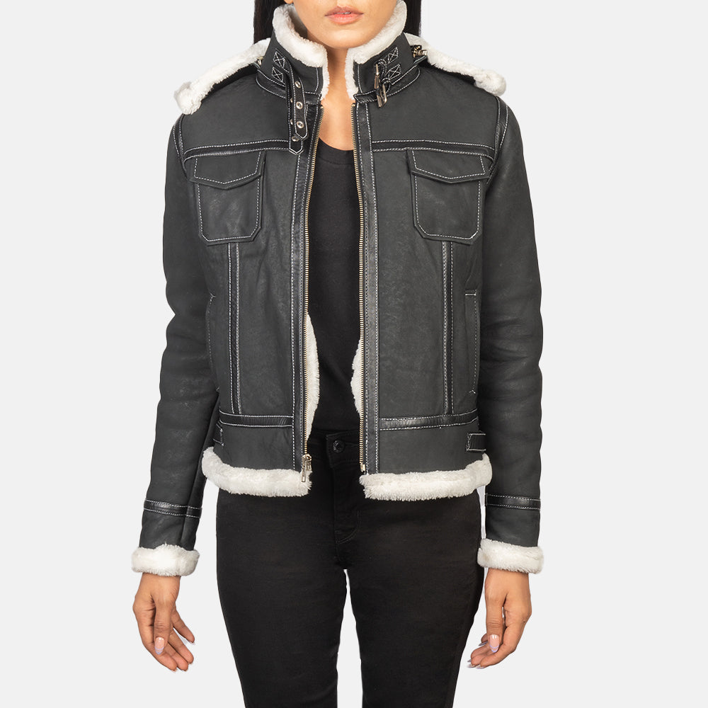 Fiona Black Hooded Shearling Leather Jacket