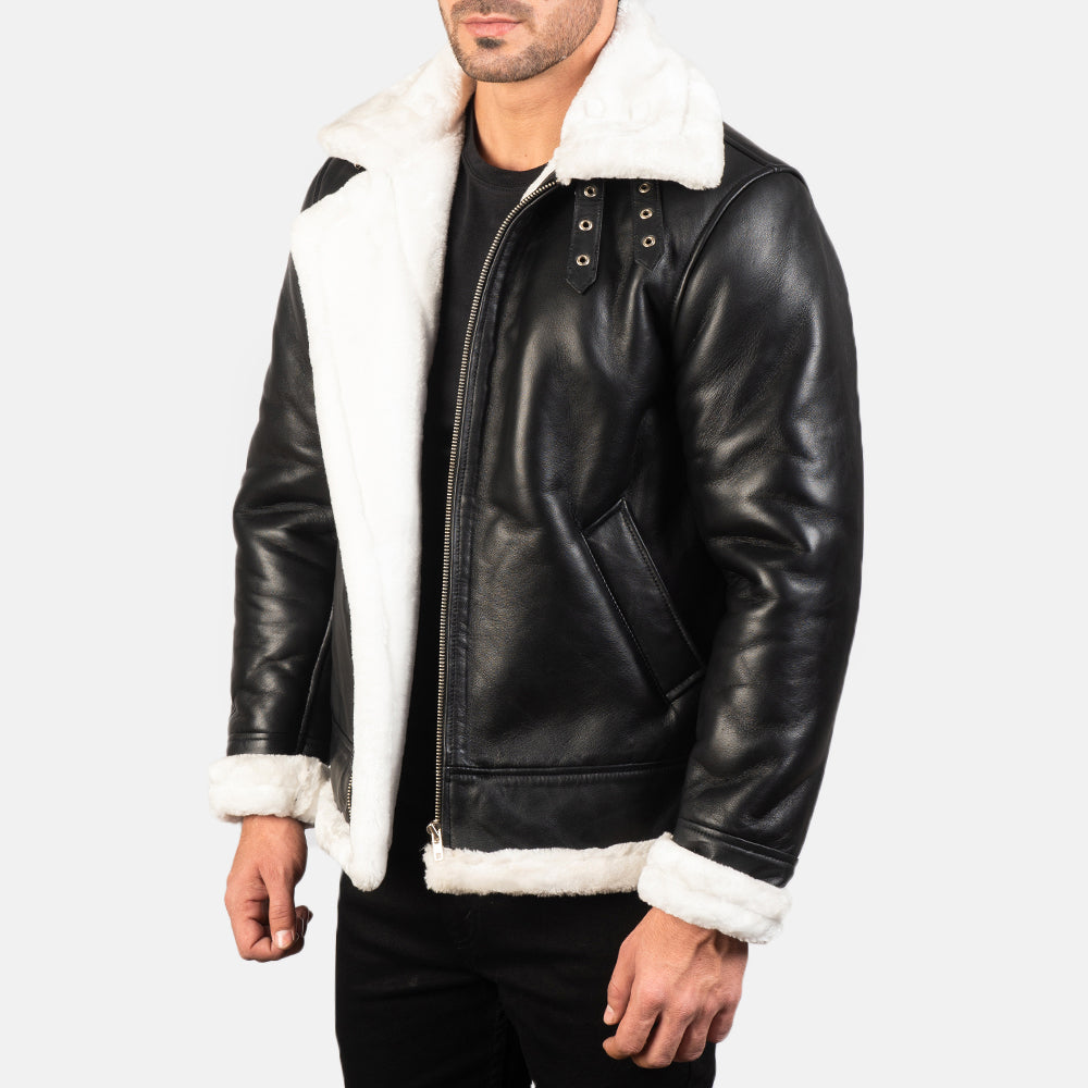 Francis B-3 Black &amp; White Leather Bomber Jacket