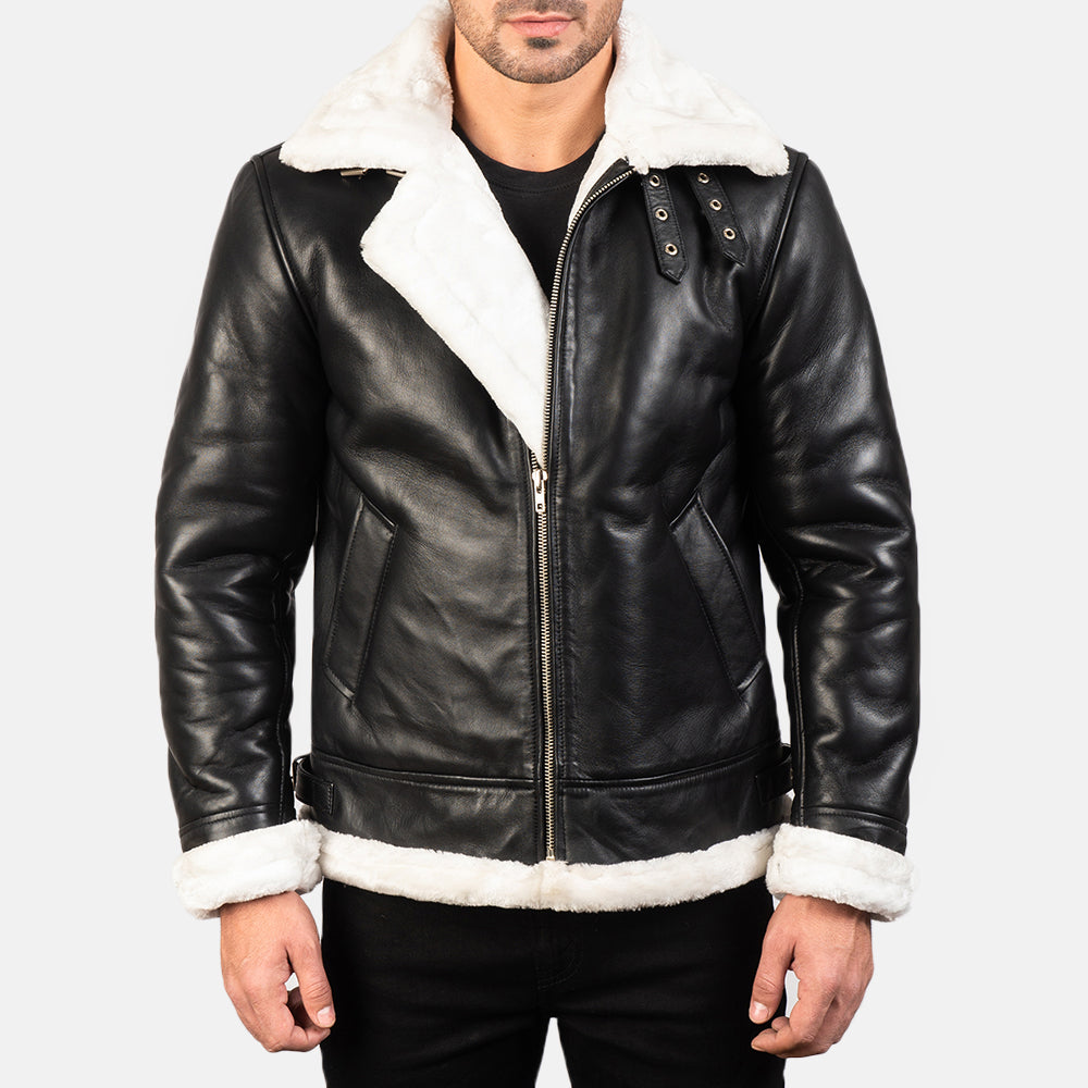 Francis B-3 Black &amp; White Leather Bomber Jacket