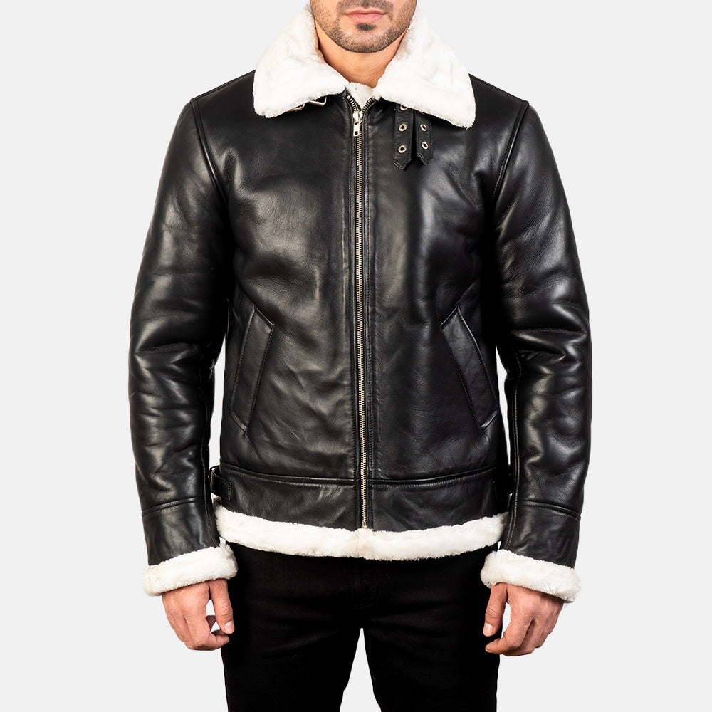 Francis B-3 Black &amp; White Leather Bomber Jacket