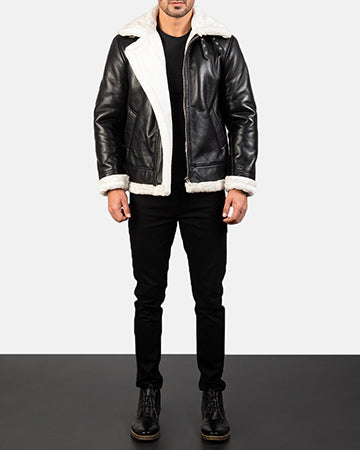 Francis B-3 Black &amp; White Leather Bomber Jacket