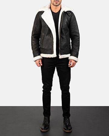 Francis B-3 Distressed Black Leather Bomber Jacket