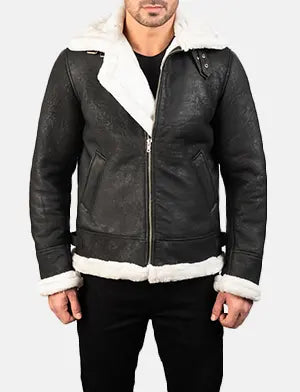 Francis B-3 Distressed Black Leather Bomber Jacket