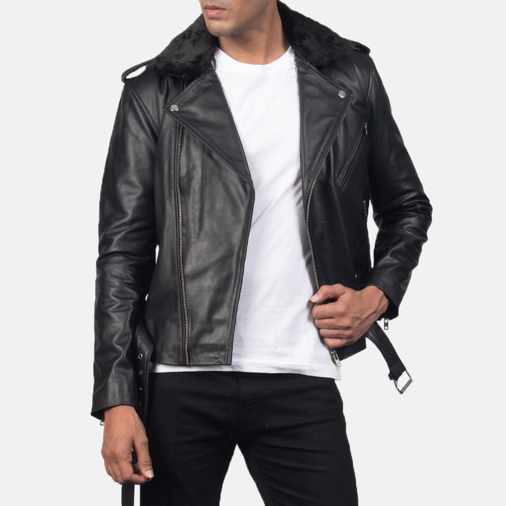 Furton Black Leather Biker Jacket