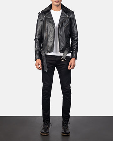 Furton Black Leather Biker Jacket