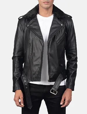 Furton Black Leather Biker Jacket