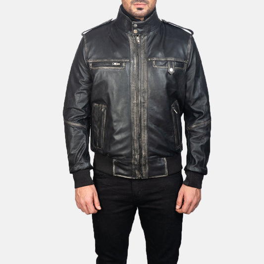 Glen Street Black Leather Bomber Jacket