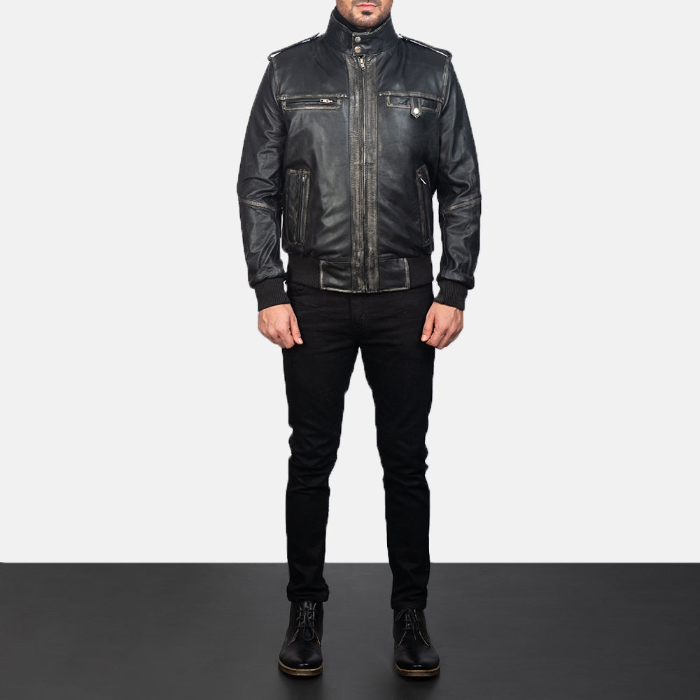 Glen Street Black Leather Bomber Jacket