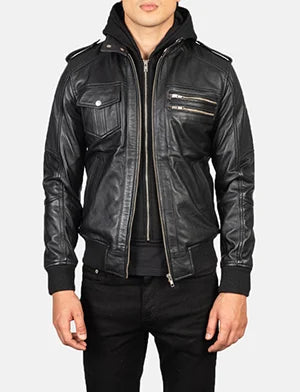 Agent Shadow Black Leather Bomber Jacket