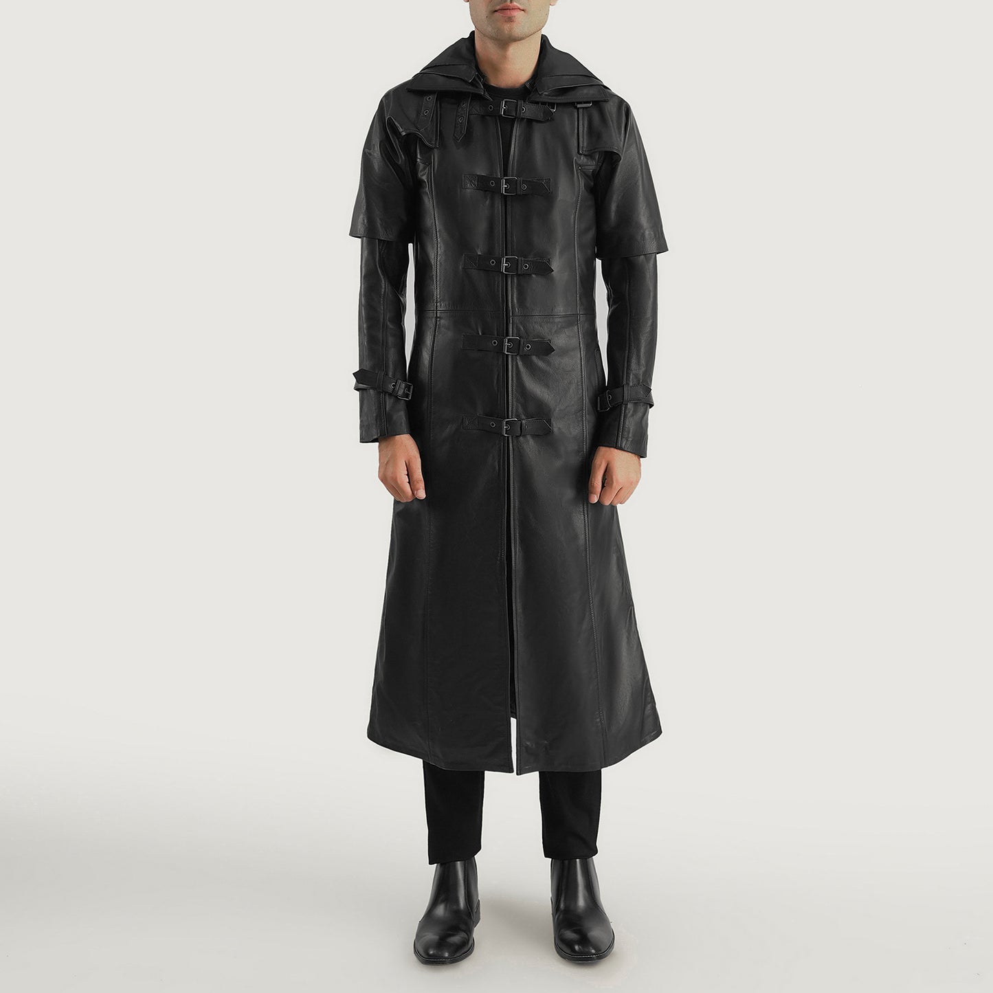 Huntsman Black Hooded Leather Trench Coat