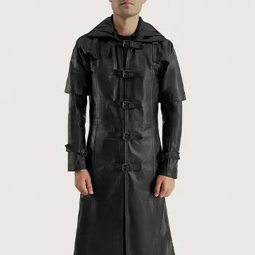 Huntsman Black Hooded Leather Trench Coat