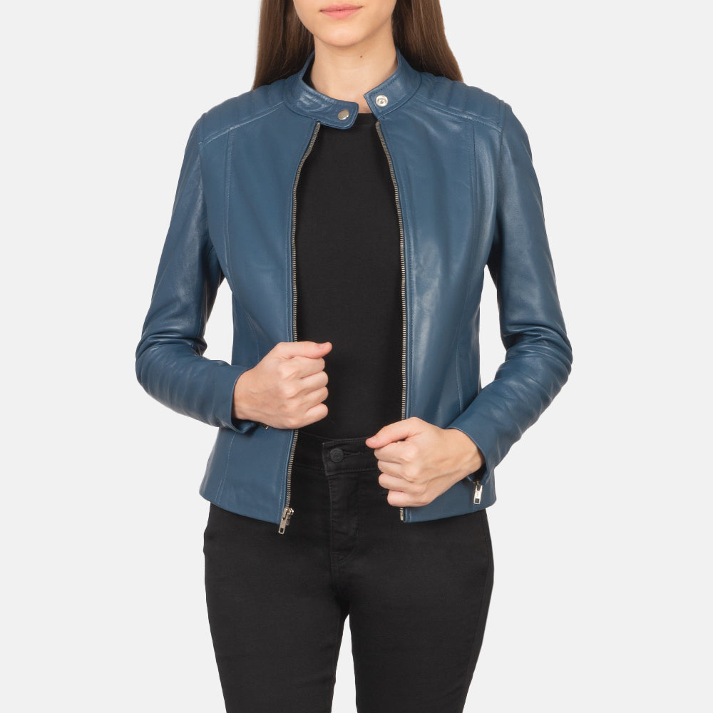 Kelsee Blue Leather Biker Jacket