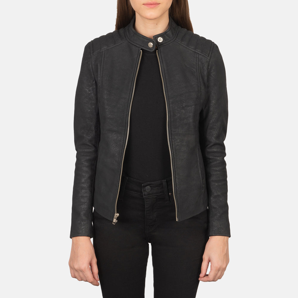 Kelsee Distressed Black Leather Biker Jacket