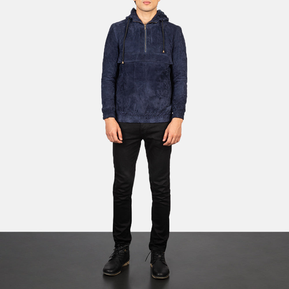 Kenton Hooded Blue Suede Pullover Jacket