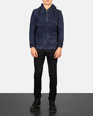 Kenton Hooded Blue Suede Pullover Jacket