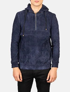 Kenton Hooded Blue Suede Pullover Jacket