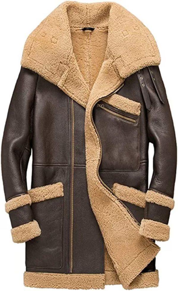 Men’s Brown Aviator Bomber Shearling Leather Trench Coat