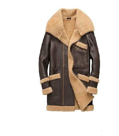 Men’s Brown Aviator Bomber Shearling Leather Trench Coat