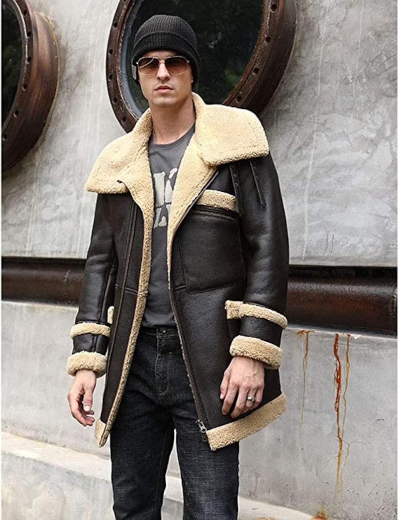 Men’s Brown Aviator Bomber Shearling Leather Trench Coat