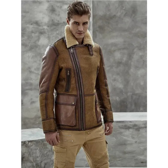 Men’s Brown Bomber Biker Shearling Leather Jacket