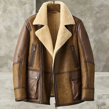 Men’s Brown Bomber Biker Shearling Leather Jacket