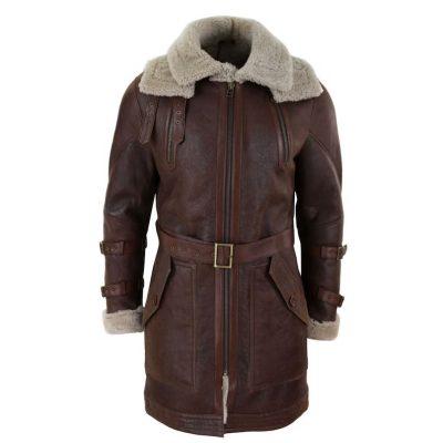 Men’s Brown Fur Hooded Black Leather Trench Coat