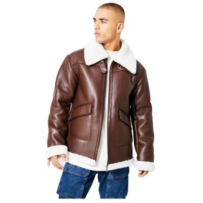 Men’s Brown Shearling Bomber Aviator Leather Jacket