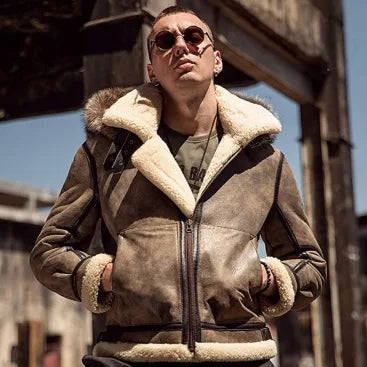 Men’s Shearling Bomber Aviator Sheepskin Leather Jacket