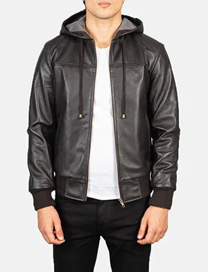 Nintenzo Brown Hooded Leather Bomber Jacket