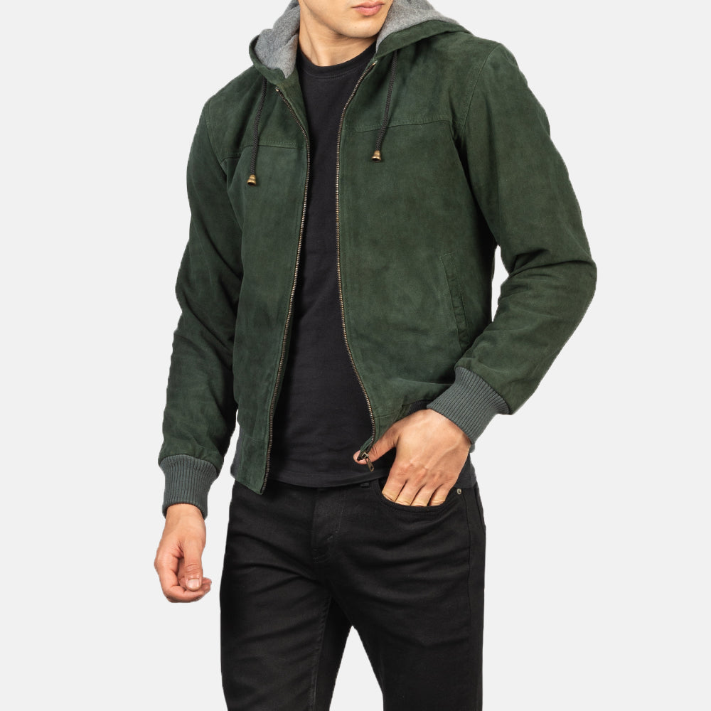 Nintenzo Green Hooded Suede Bomber Jacket