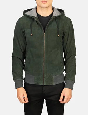 Nintenzo Green Hooded Suede Bomber Jacket