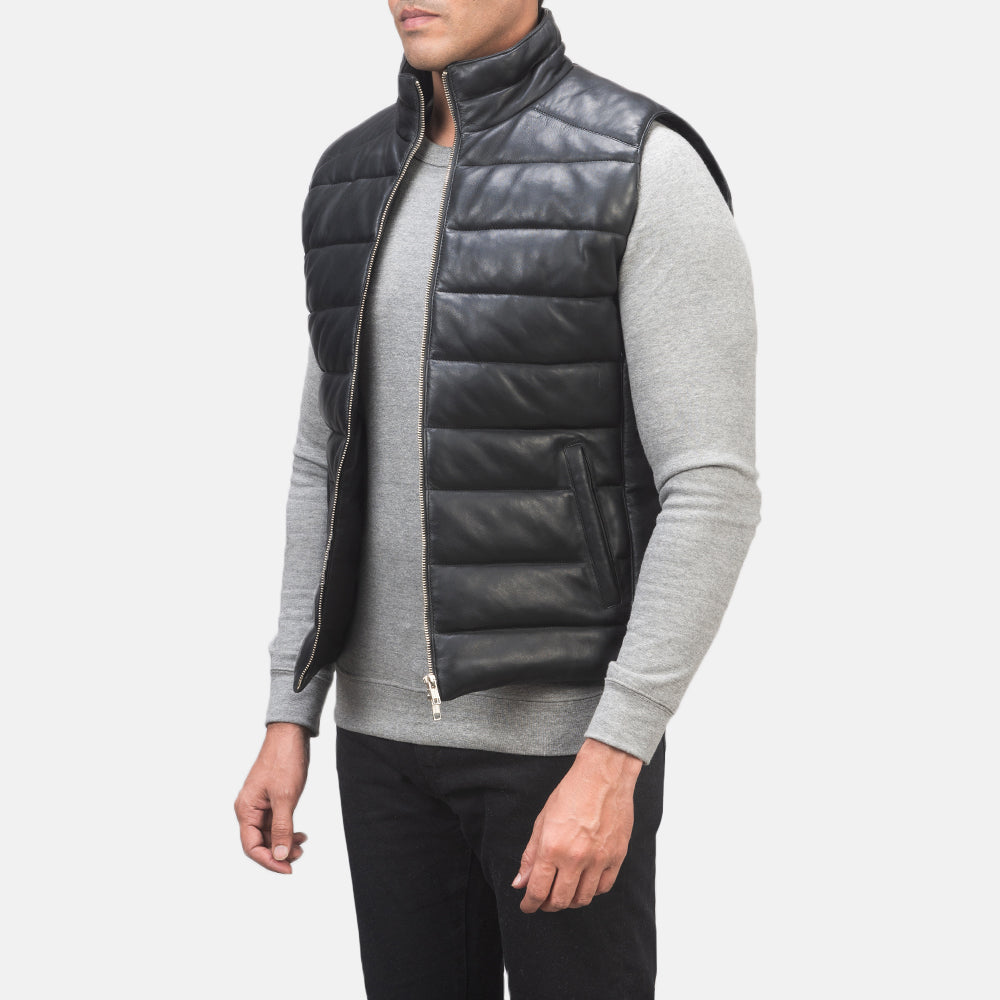 Reeves Black Leather Puffer Vest