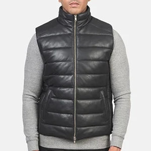 Reeves Black Leather Puffer Vest