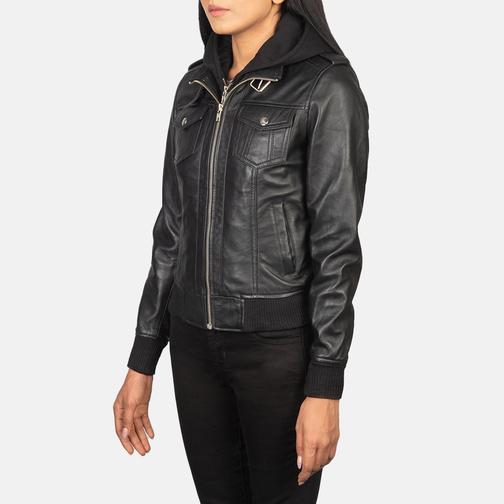 Roslyn Black Hooded Leather Bomber Jacket