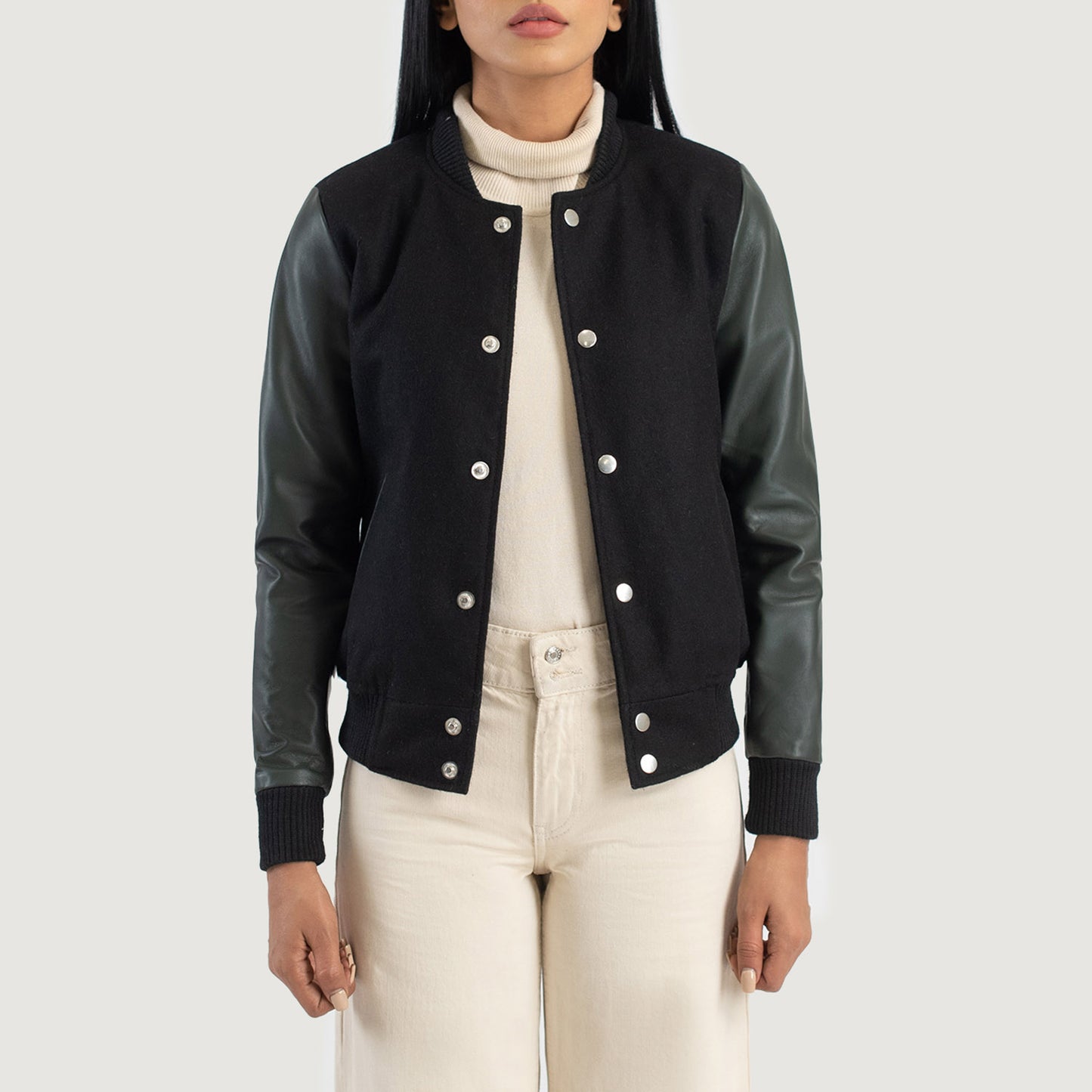 Savant Green &amp; Black Hybrid Varsity Jacket