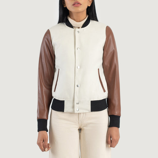 Savant White &amp; Brown Hybrid Varsity Jacket