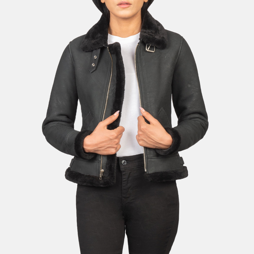 Sherilyn B-3 Distressed Black Leather Bomber Jacket