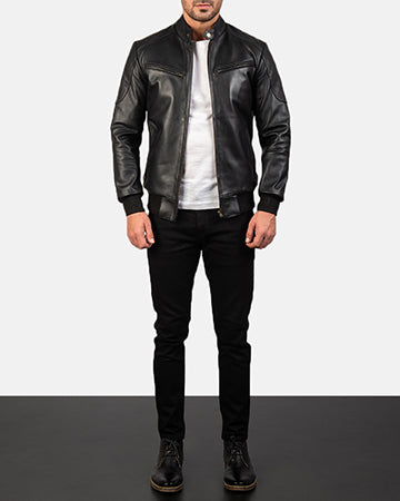 Sven Black Leather Bomber Jacket