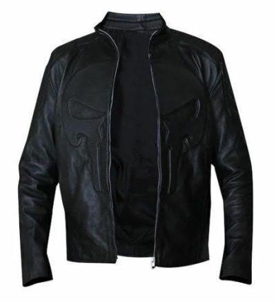 The Punisher Padded Embossed Black Biker Leather Jacket