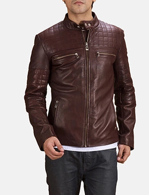 Urbane Quilted Maroon Leather Biker Jacket