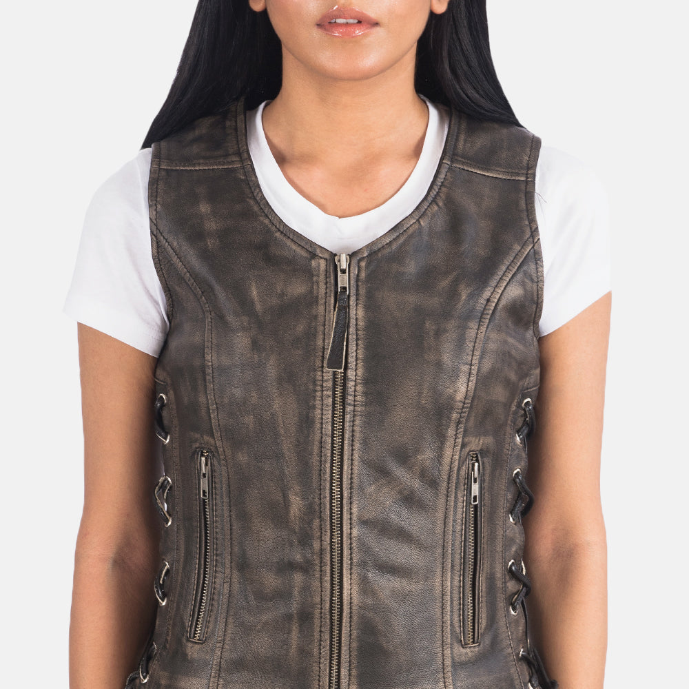 Vanda Distressed Brown Leather Biker Vest