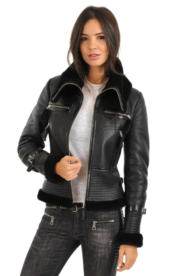 Women’s Bomber Aviator Black Shearling Leather Jacket