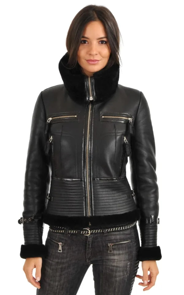 Women’s Bomber Aviator Black Shearling Leather Jacket