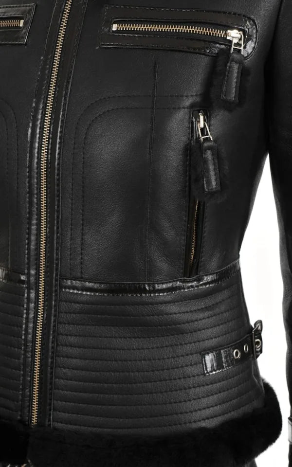 Women’s Bomber Aviator Black Shearling Leather Jacket