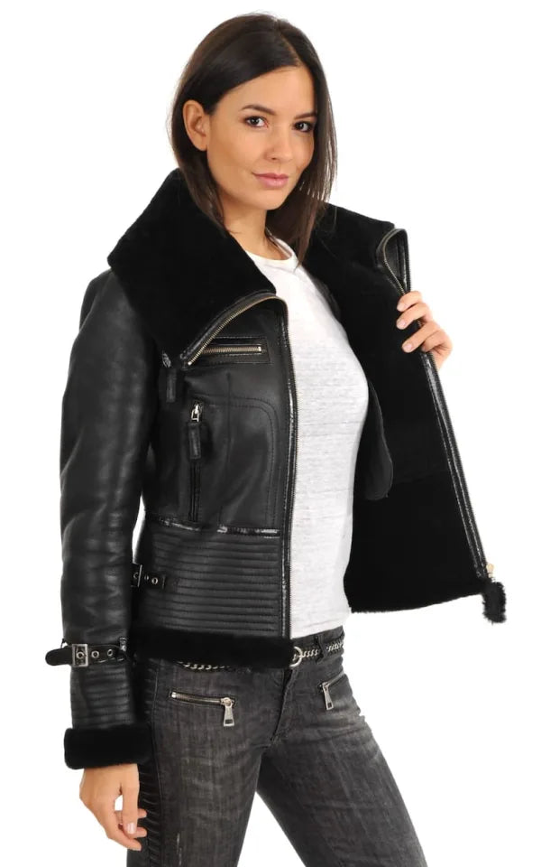 Women’s Bomber Aviator Black Shearling Leather Jacket